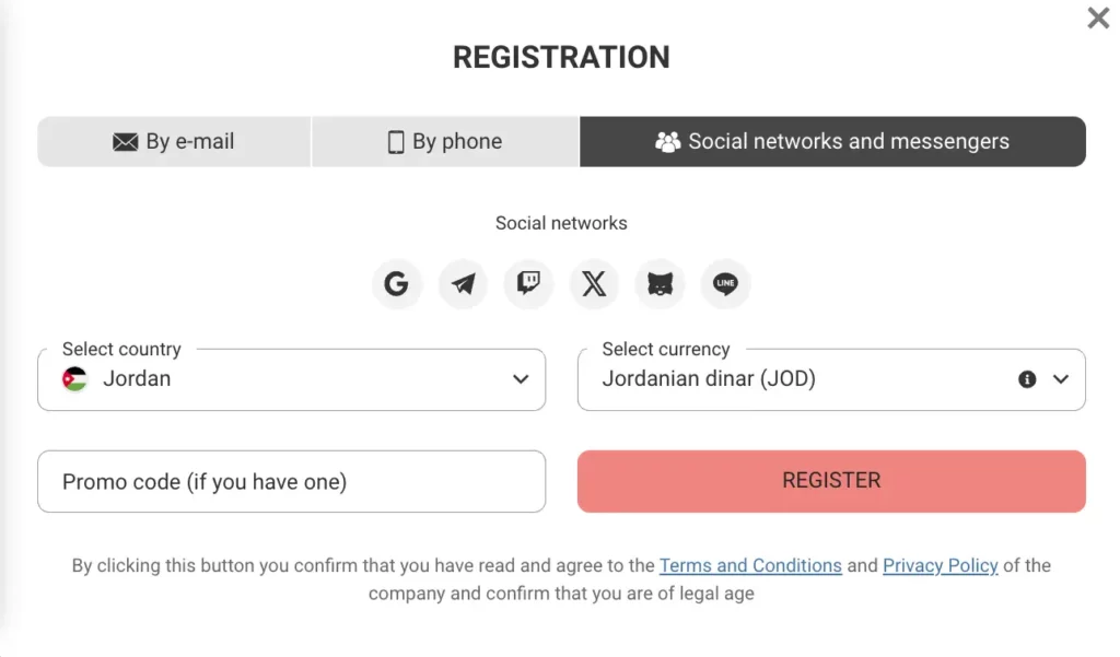 Screenshot of MegaPari Jordan registration form showing email and social media sign-up options.